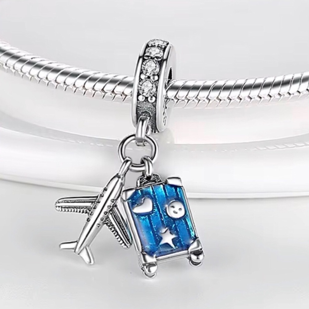 Travel Sterling Silver Charm with Airplane and Blue Luggage
